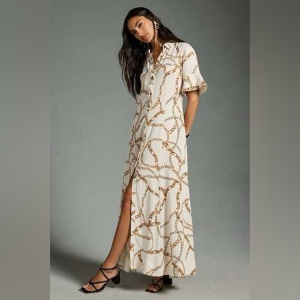 Anthropologie Cream and Brown Chain Maxi Dress